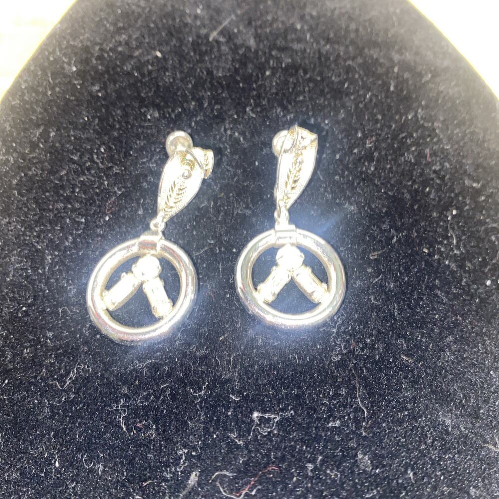 Vintage 50s Screw Back Drop 1.5”Earrings Sterling Silver Rhinestone Circle